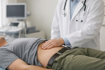 Primer plano de un médico palpando suavemente el abdomen superior derecho de un paciente acostado en una camilla, con un ecógrafo desenfocado de fondo.