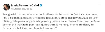 María Fernanda Cabal sobre Verónica Alcocer ylas acusaciones por tráfico de armas y narcotráfico - crédito @MariaFdaCabal/X