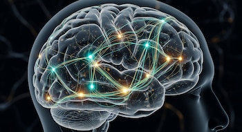 Cerebro humano estilizado en tonos oscuros con red neuronal topográfica superpuesta. Caminos de señal luminosos verde azulado y ámbar se ramifican sobre la corteza.