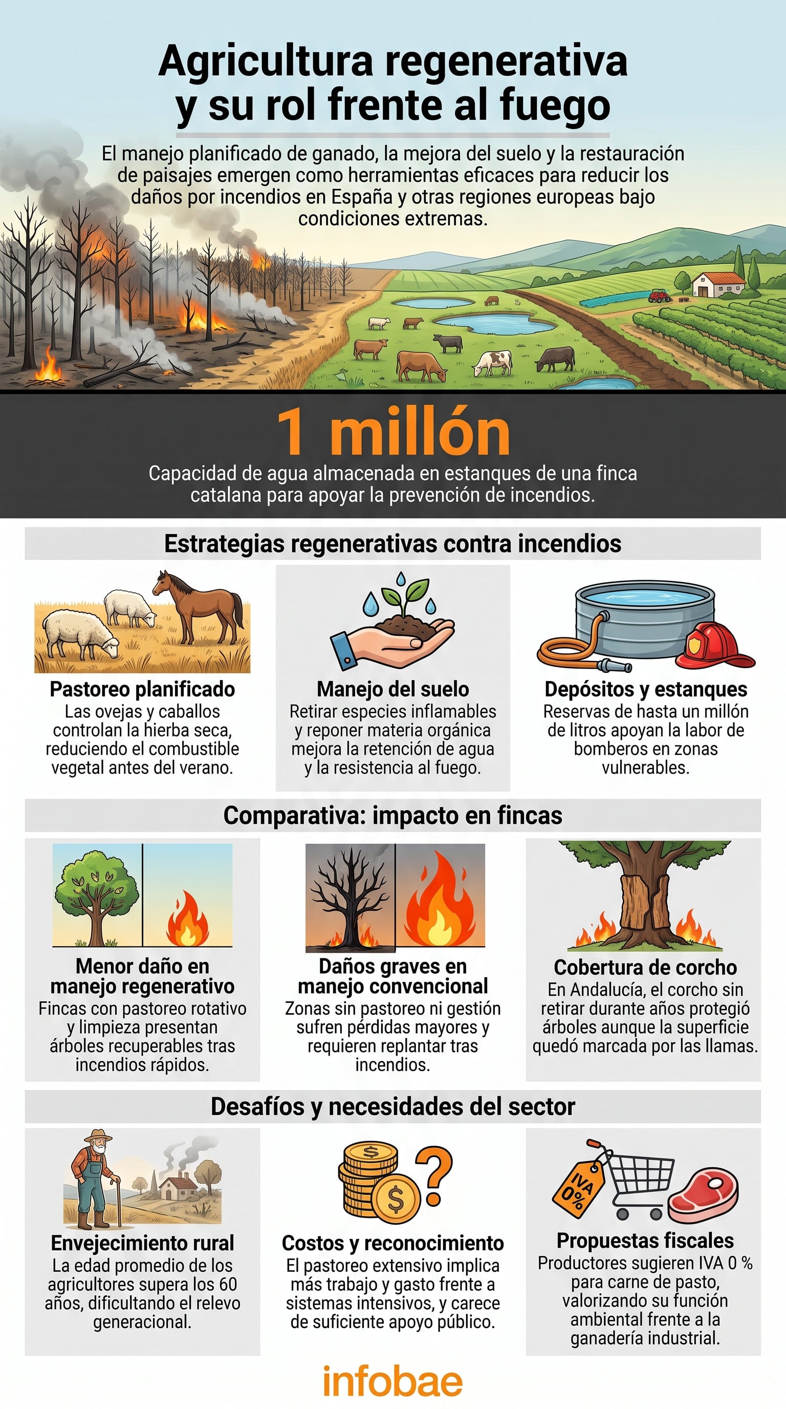 Una infografía detalla cómo la agricultura regenerativa, mediante el pastoreo planificado y el manejo del suelo, contribuye a reducir el riesgo de incendios forestales en España (Imagen Ilustrativa Infobae)