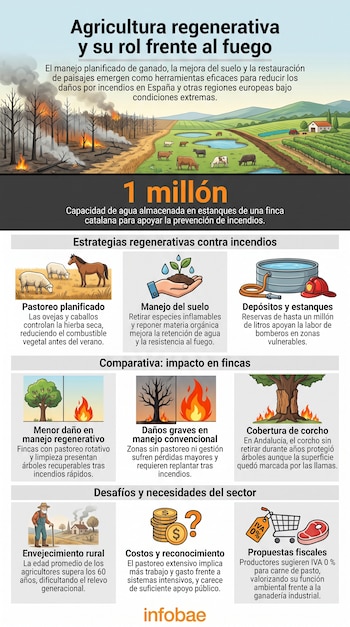 Infografía sobre agricultura regenerativa con un bosque quemado y una granja. Incluye secciones sobre pastoreo, manejo de suelo y depósitos de agua.