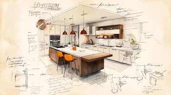 Boceto de cocina moderna con isla, taburetes, gabinetes, electrodomésticos, fregadero y lámparas colgantes, sobre papel con textura y anotaciones.