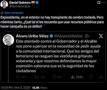 Daniel Quintero respondió con ironía a Álvaro Uribe Vélez y cuestionó el uso de recursos públicos en campañas - crédito @QuinteroCalle/X