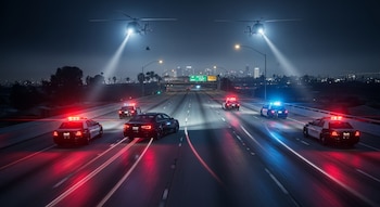 Múltiples patrullas policiales y helicópteros con luces intensas persiguen un vehículo oscuro en una autopista iluminada por la noche, con rascacielos al fondo.