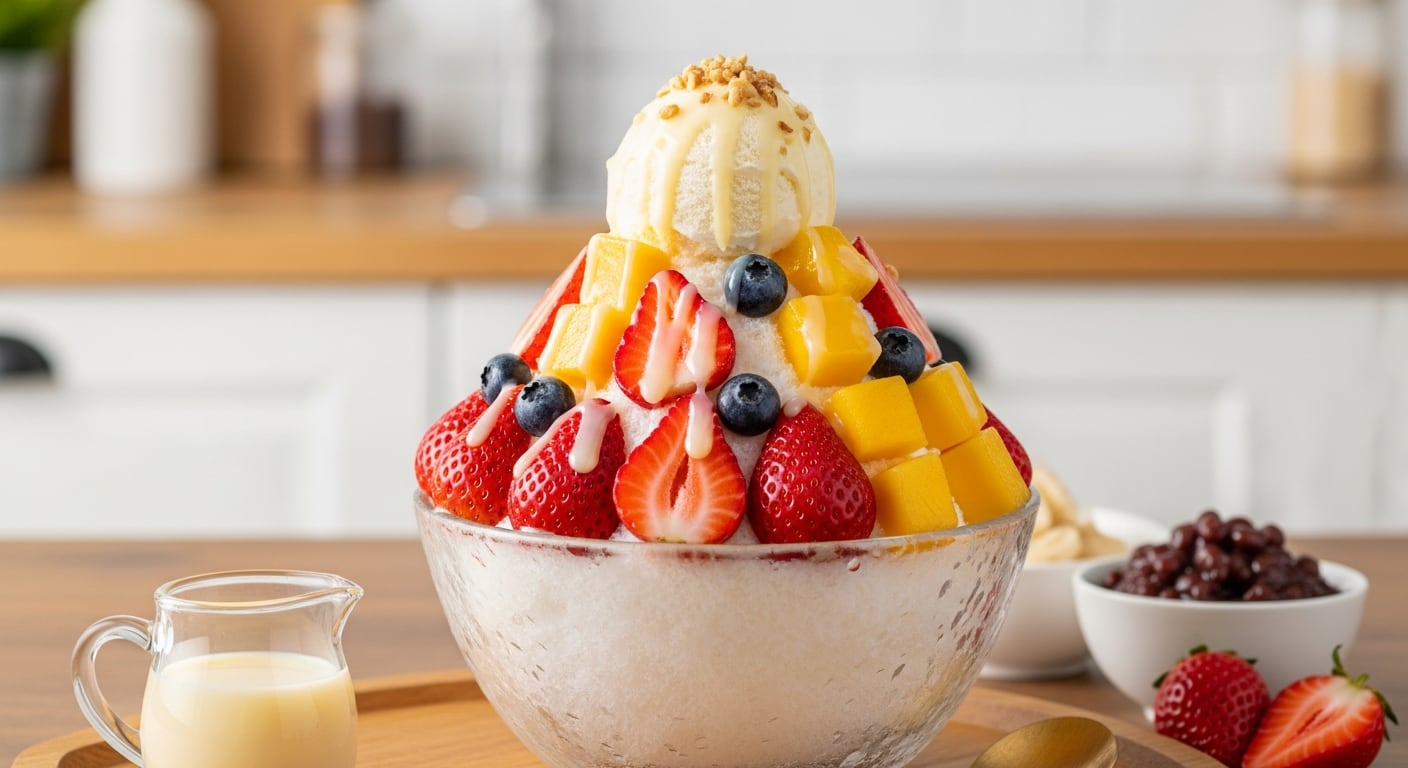Un tazón de Bingsu coreano, un postre helado tradicional, rebosa de hielo raspado, fresas frescas, cubos de mango, arándanos, una bola de helado de vainilla y leche condensada, ofreciendo una opción dulce y refrescante. (Imagen Ilustrativa Infobae)