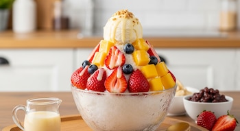 Primer plano de un tazón grande de bingsu con hielo raspado, fresas, mango, arándanos, helado de vainilla y leche condensada. Una jarra de leche condensada a la izquierda.