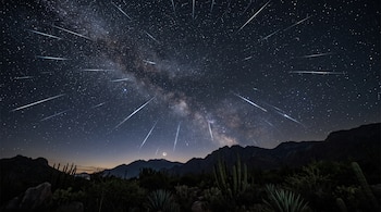 Cielo nocturno estrellado con trazos de meteoros, la Vía Láctea y una luna creciente sobre siluetas de cactus y montañas.