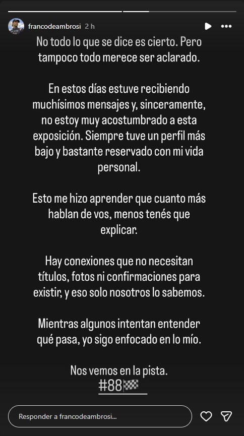 El descargo de Franco luego de ser señalado como el tercero en discordia (Instagram)