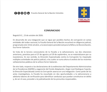 La Fiscalía informó que citará a Eva Ferrer Galcerán a una diligencia judicial el 14 de octubre, en el marco de otra indagación por posibles hechos de corrupción en varias entidades del orden nacional - crédito Fiscalía General de la Nación