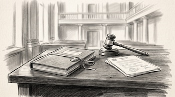 Dibujo a lápiz de un escritorio con un expediente atado, un mazo sobre su base y documentos firmados, frente a una sala con columnas.