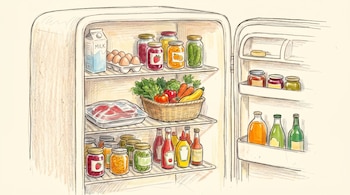 Ilustración dibujada a mano de un refrigerador retro con las puertas abiertas, mostrando su interior organizado con leche, huevos, frascos, verduras y botellas.