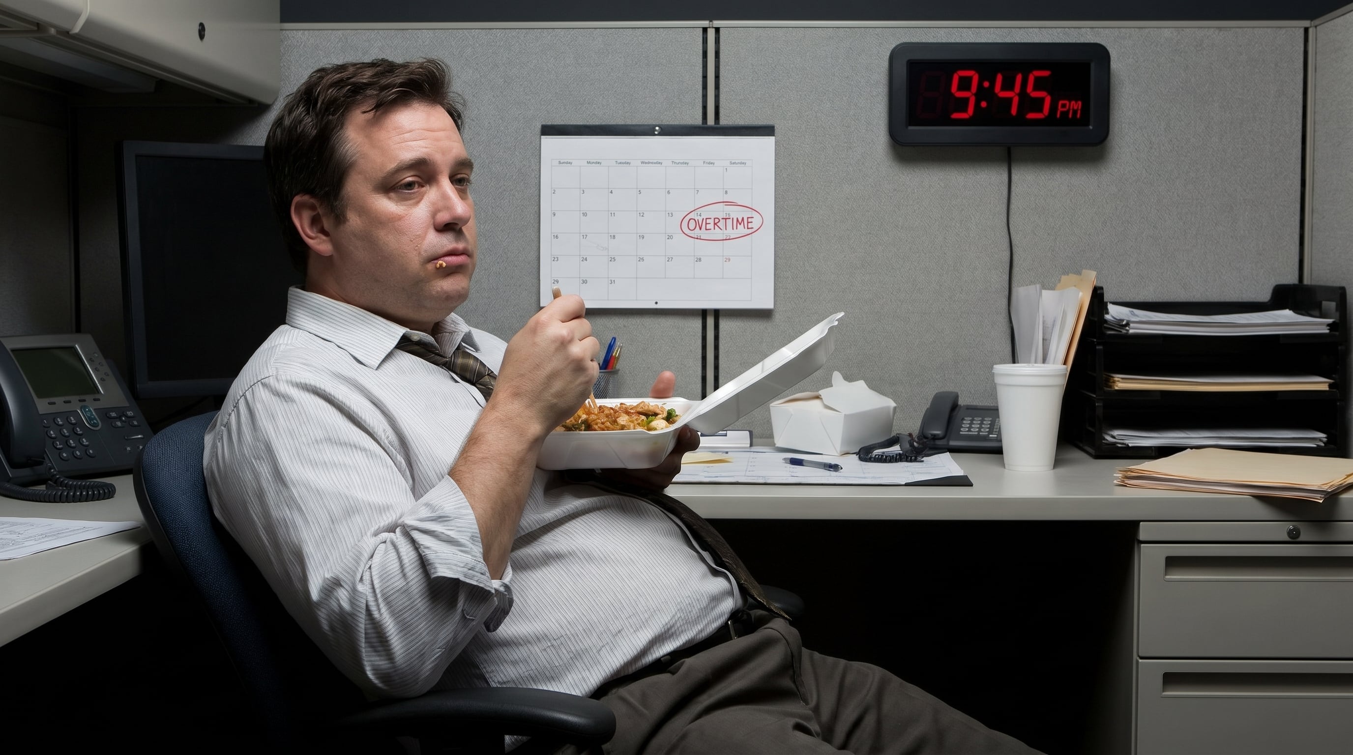 Un hombre come comida para llevar en su cubículo de oficina tarde por la noche, reflejando el impacto de las largas jornadas laborales y el tiempo extra en su salud y bienestar físico (Imagen Ilustrativa Infobae)