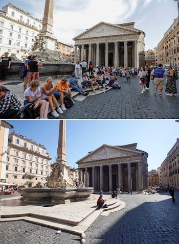 ARCHIVO - En esta imagen combinada, turistas sentados ante el Panteón en Roma, a las 13:47 del viernes 7 de junio de 2019, y a las 13:00 del miércoles 11 de marzo de 2020. (AP Foto/Gregorio Borgia, Andrew Medichini)
