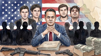 Ilustración acuarela de Enrique Díaz sentado en una mesa con armas, dinero y un expediente, flanqueado por cuatro hombres y la bandera de EE. UU. y el mapa de Sinaloa.