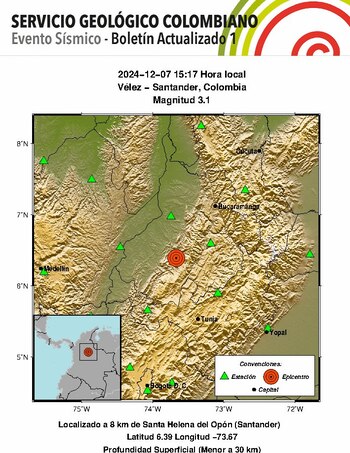 Se reportó un sismo el 7 de diciembre en cercanías del municipio de Santa Helena del Opón, en el departamento de Santander - crédito @sgcol/X