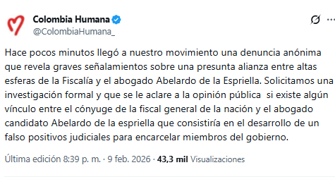 Colombia Humana denunció públicamente posibles relaciones entre Marroquín y De la Espriella, expresando preocupación por “falsos positivos judiciales” contra funcionarios del gobierno - crédito @ColombiaHumana_/X
