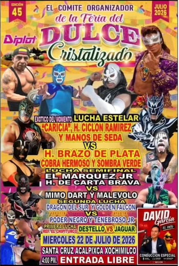 Flyer multicolor de lucha libre con once fotos de luchadores enmascarados y nombres, cartelera de combates, fecha, lugar y logo de radio