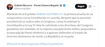 El congresista Gabriel Becerra aseguró que pedirá a la bancada del Pacto Histórico no asistir a la posesión de Abelardo de la Espriella si se hace en una guarnición militar - crédito @BecerraGabo/X