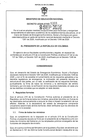 El Decreto 1388 permite al Ministerio de Educación autorizar, previa solicitud de las entidades territoriales, la reorganización, redistribución o reprogramación de las semanas del calendario escolar - crédito Dapre