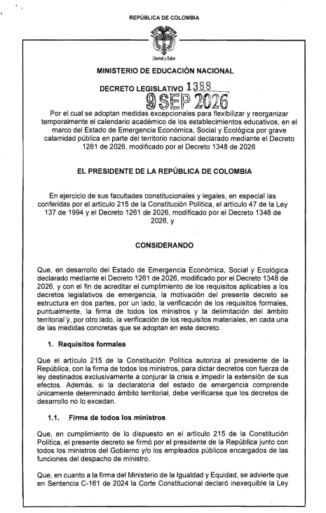 El Decreto 1388 permite al Ministerio de Educación autorizar, previa solicitud de las entidades territoriales, la reorganización, redistribución o reprogramación de las semanas del calendario escolar - crédito Dapre