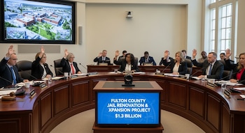 Miembros de la Junta de Comisionados del Condado de Fulton votando con las manos levantadas alrededor de una mesa de madera, con pantallas mostrando planos y el título del proyecto.