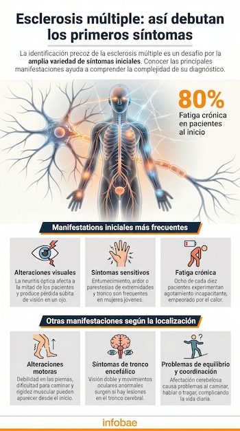 Infografía ilustra los primeros síntomas de la esclerosis múltiple con un esquema del cuerpo humano, neuronas y seis íconos descriptivos de manifestaciones.