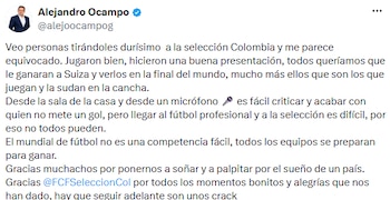 Alejandro Ocampo defendió a la selección Colombia y rechazó críticas tras la eliminación en el Mundial - crédito