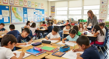 Vista aérea de un aula de primaria con una maestra y muchos niños sentados en pupitres, escribiendo o dibujando con lápiz y papel. Hay mapas y carteles en las paredes.