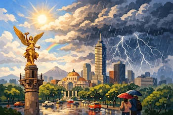 Un panorama de la Ciudad de México ilustra un clima dual, con el Ángel de la Independencia bajo el sol y el cielo encapotado con lluvia y relámpagos. (Imagen Ilustrativa Infobae)