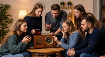 Seis jóvenes, tres mujeres y tres hombres, observan una radio de madera sobre una mesa circular con tazas. Fondo con lámpara y estantería.