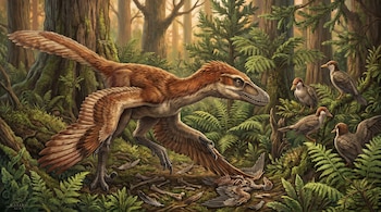Ilustración de Jian changmaensis, dinosaurio emplumado de cuatro alas, marrón, acechando aves primitivas en un bosque frondoso con huesos en el suelo.
