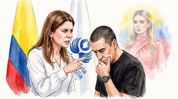 Ilustración en acuarela de una mujer que señala a un hombre pensativo, junto a la bandera de Colombia y un retrato al fondo.