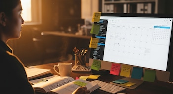 Foto horizontal de una persona frente a una computadora con agenda abierta y una taza de café, rodeada de post-its en un escritorio con luz cálida.