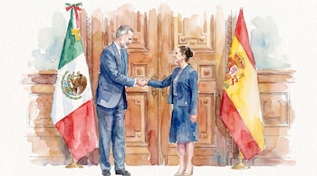Ilustración en acuarela de un hombre y una mujer con traje estrechando manos, banderas de México y España flanqueando una puerta de madera.