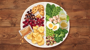 Plato sobre una mesa de madera dividido entre galletas, pasas, papas fritas y aderezo, frente a verduras, huevo duro, pollo y legumbres.