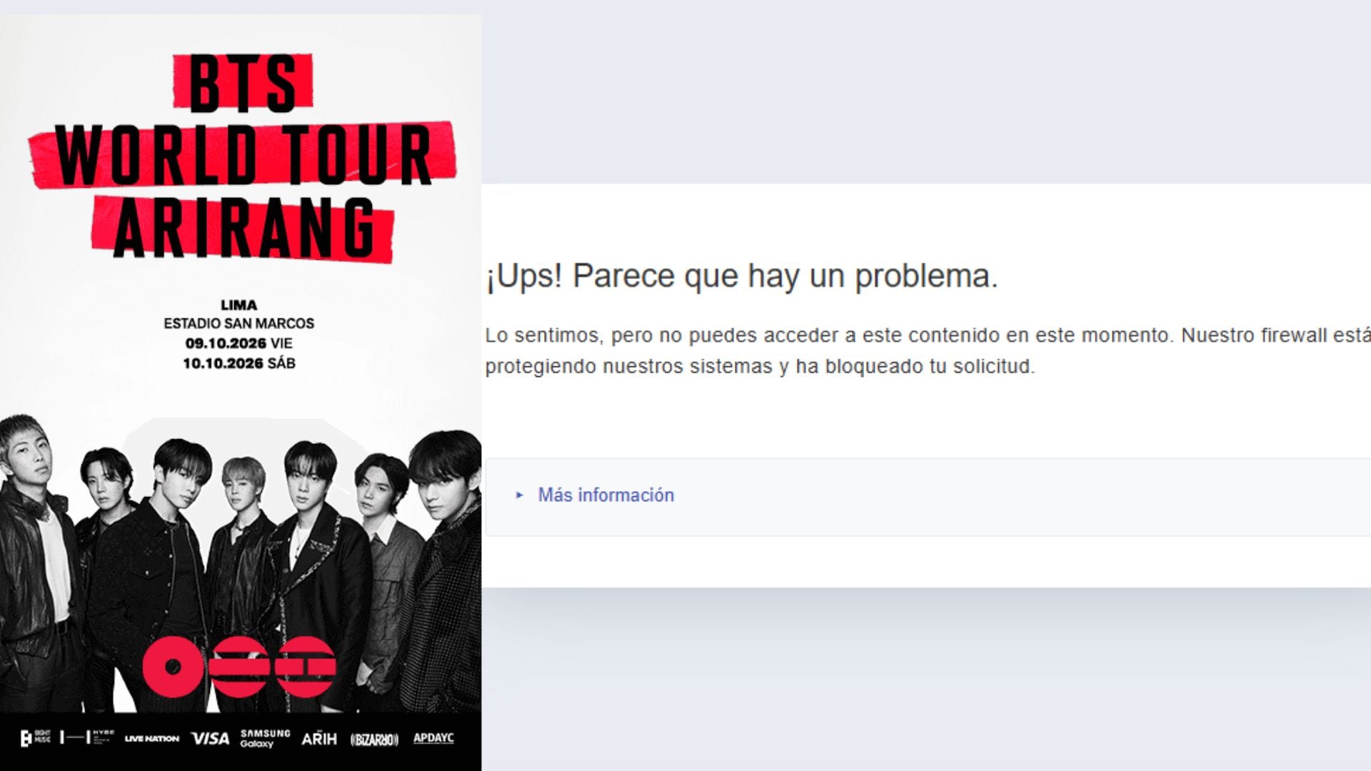 Una página de error de Ticketmaster interrumpió la preventa de entradas para el concierto de BTS en Lima, frustrando a miles de fans que esperaban asegurar sus boletos.