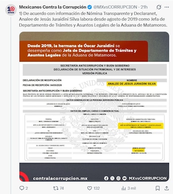 Captura de pantalla de una declaración patrimonial pública con datos personales, empleo y domicilio de Analee de Jesús Juraidini Silva en Aduana de Matamoros