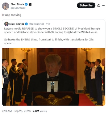 Captura de una publicación en X con texto de Elon Musk y un video de Donald Trump hablando en un podio con uniformados de fondo
