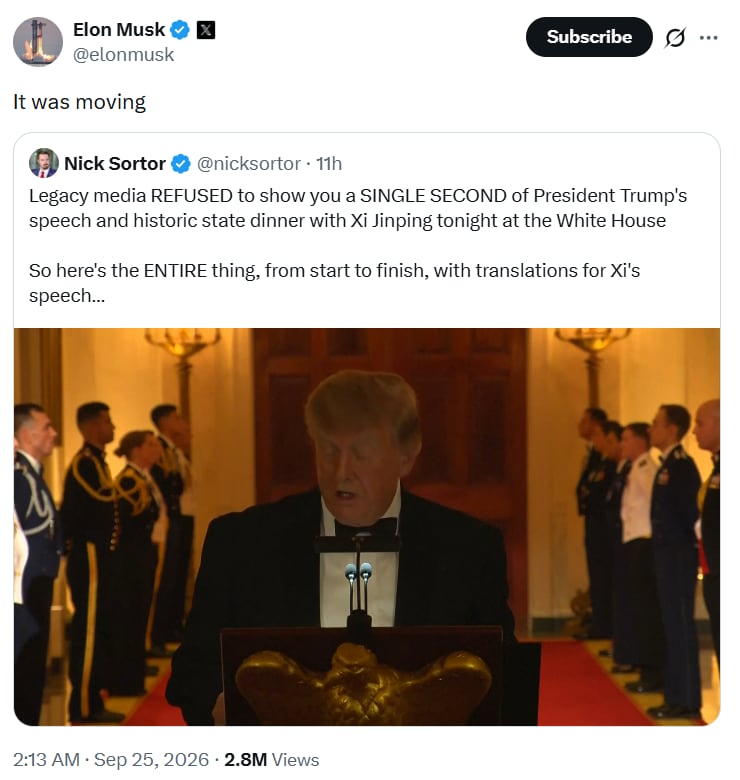 Musk dijo que los discursos de los líderes de Estados Unidos y China fueron conmovedores. (X: elonmusk)