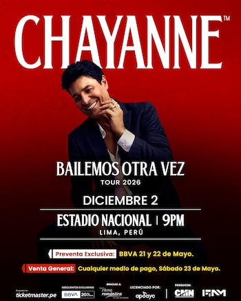 Póster rojo de Chayanne con el artista sonriendo, vistiendo traje oscuro. Incluye texto 'CHAYANNE', 'BAILEMOS OTRA VEZ TOUR 2026', 'DICIEMBRE 2', 'ESTADIO NACIONAL | LIMA, PERÚ'