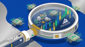 Ilustración de una lupa digital con circuitos analizando pilas de datos y gráficos de velas, con chips de IA flotando y el logo de la Bolsa Nacional de Valores de Costa Rica.