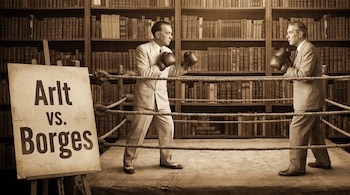 Dos hombres, vestidos con trajes y guantes de boxeo, están en un ring. Detrás hay estanterías llenas de libros y un cartel que dice "Arlt vs. Borges".