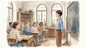Ilustración acuarela de un aula universitaria con una joven de pie frente a una pizarra y seis compañeros sentados observándola con diferentes expresiones.