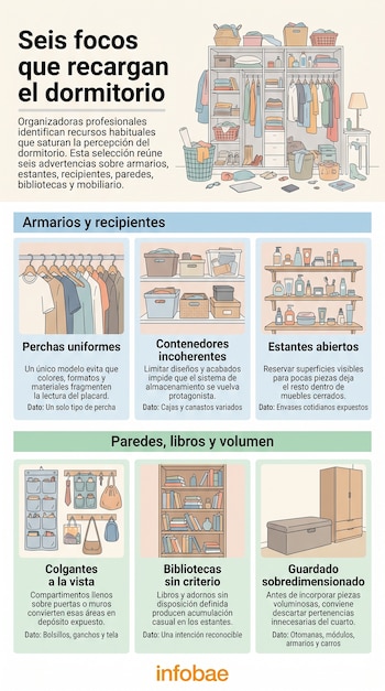 Infografía con ilustraciones de armarios, cajas, estantes y libreros acompañada de textos explicativos sobre el dormitorio.