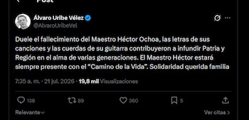 Álvaro Uribe confirmó la muerte de Héctor Ochoa y destacó en X el legado del compositor para la historia musical de Colombia - crédito X