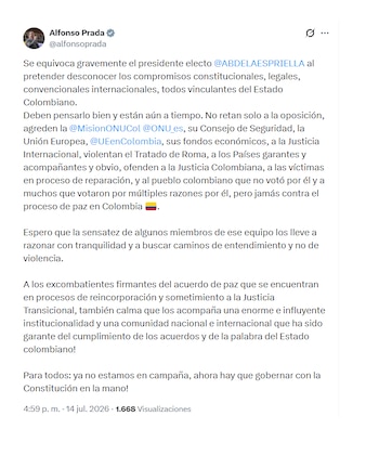 Alfonso Prada y su reacción ante anuncio de Abelardo de la Espriella