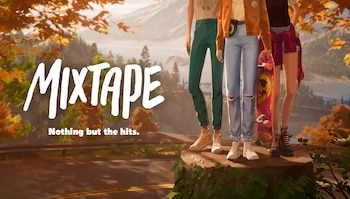 Ilustración de tres jóvenes de pie sobre una roca con un fondo otoñal montañoso y un lago, con el título "MIXAPE Nothing but the hits." prominentemente