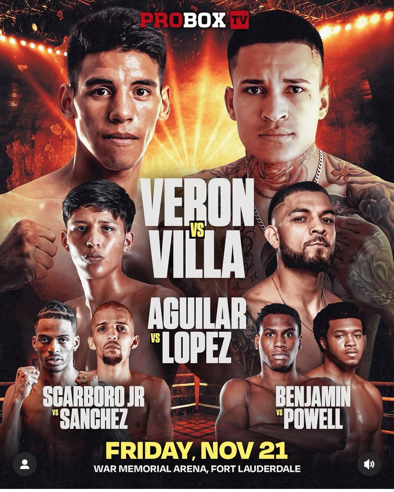 La cartelera con la pelea de fondo del Bebu Verón y Roimán Villa (@ProBox_TV)