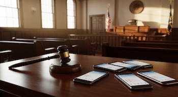Mazo de juez, cinco teléfonos inteligentes con interfaces genéricas de redes sociales desenfocadas sobre un escritorio y tribunal estadounidense al fondo.
