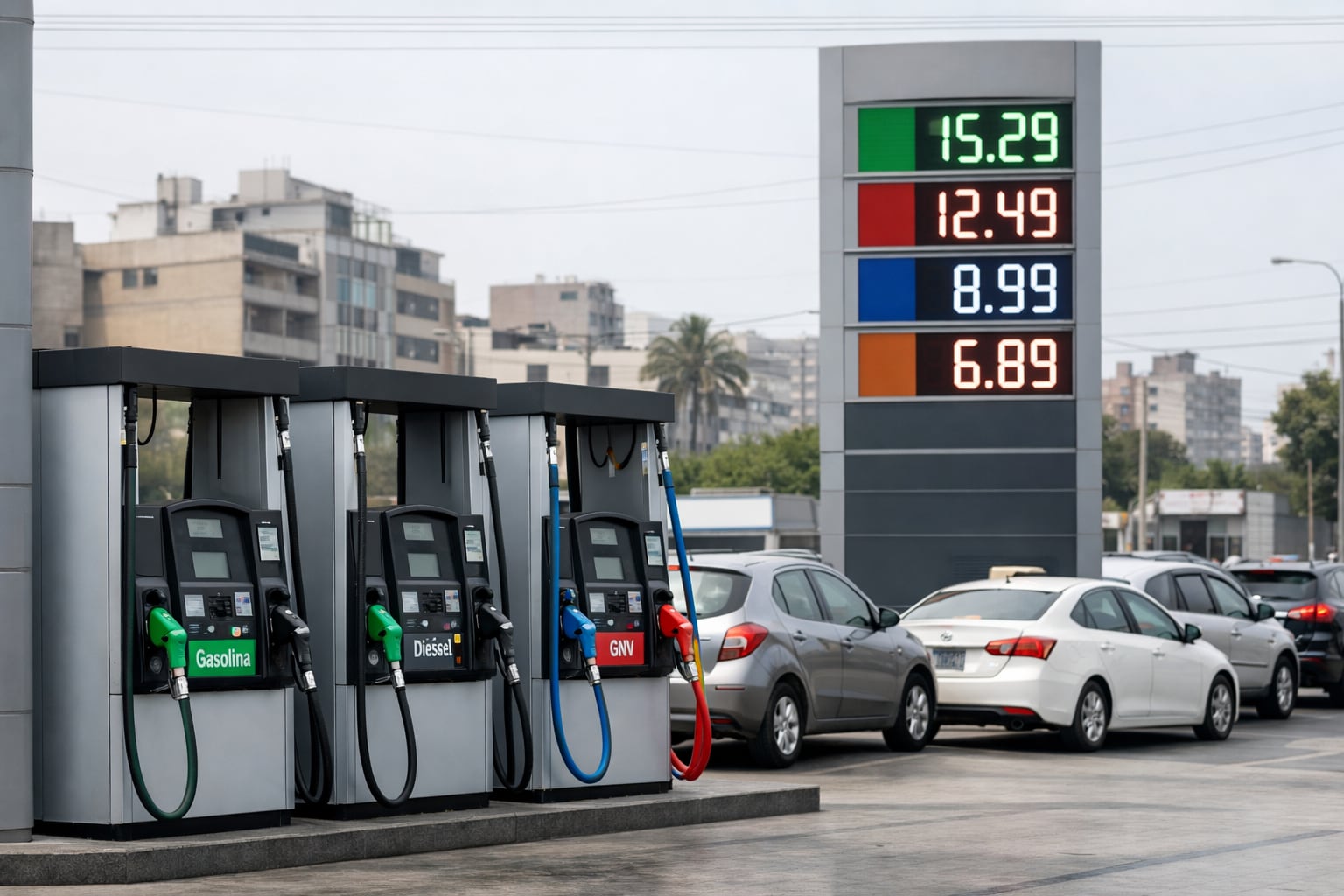 Una estación de servicio en Lima, Perú, muestra surtidores de gasolina, diésel, GNV y GLP junto a un tablero electrónico con los precios actualizados en soles. (Imagen Ilustrativa Infobae)